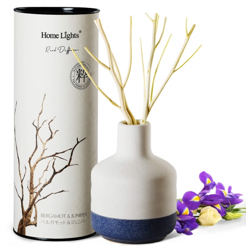 Bergamot & Juniper Fragrance Decorative Aromatherapy Diffuser, 150ml/5.12 fl.oz | Natural Sticks Aromatherapy Oil Set, Ceramic Bottle