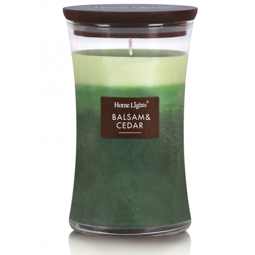 Balsam & Cedar, Hourglass Large Jar Candles for Home - HomeLights 3-Layer Highly Scented Candles -Burns Up to 100 Hours, Natural Soy Wax, Wooden Lid,