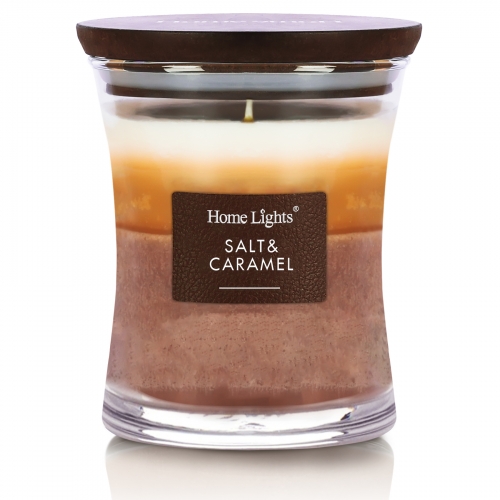 Salt & Caramel, Hourglass Large Jar Candles for Home - HomeLights 3-Layer Highly Scented Candles -Burns Up to 45 Hours, Natural Soy Wax, Wooden Lid, 1