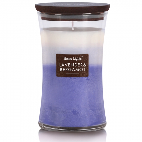 Lavender & Bergamot, Hourglass Large Jar Candles for Home -HomeLights 3-Layer Highly Scented Candles - Burns Up to 100 Hours, Natural Soy Wax, Wooden