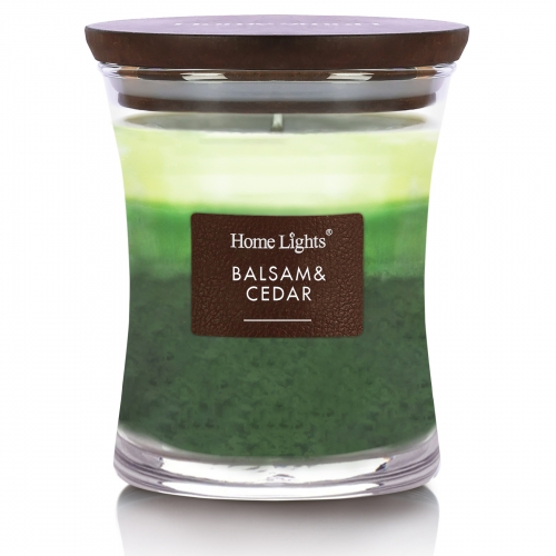 Balsam & Cedar, Hourglass Large Jar Candles for Home | HomeLights 3-Layer Highly Scented Candles - Burns Up to 45 Hours, Natural Soy Wax, Wooden Lid,