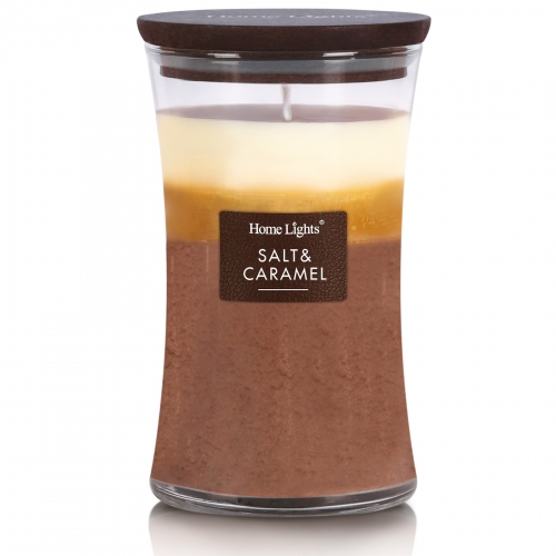 Salt & Caramel, Hourglass Large Jar Candles for Home - HomeLights 3-Layer Highly Scented Candles - Burns Up to 100 Hours, Natural Soy Wax, Wooden Lid,